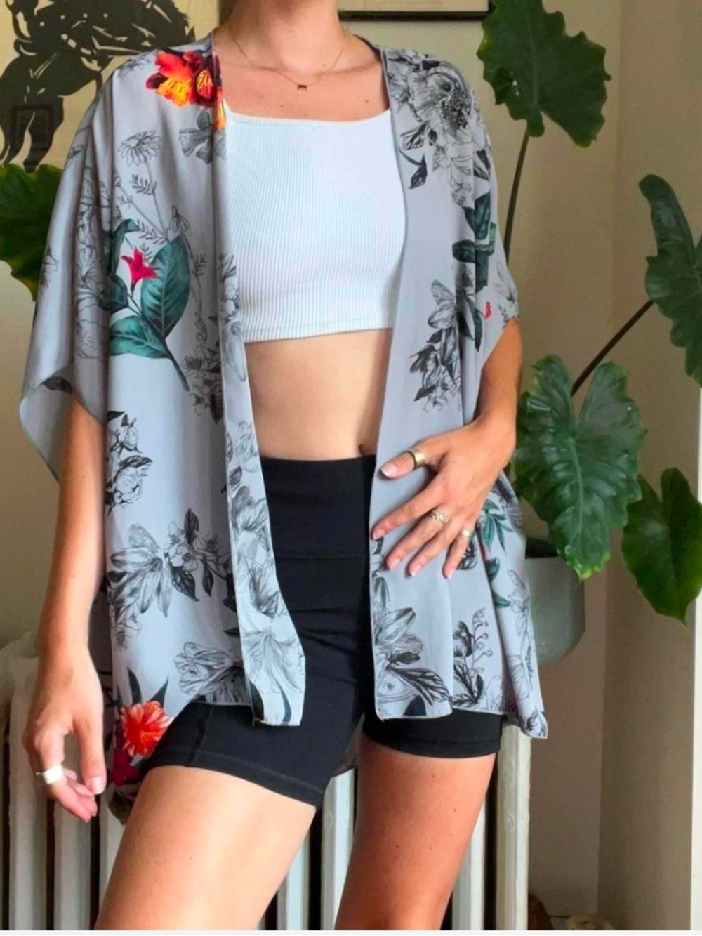 Light Gray Floral Kimono Cardigan with Tropical Accents